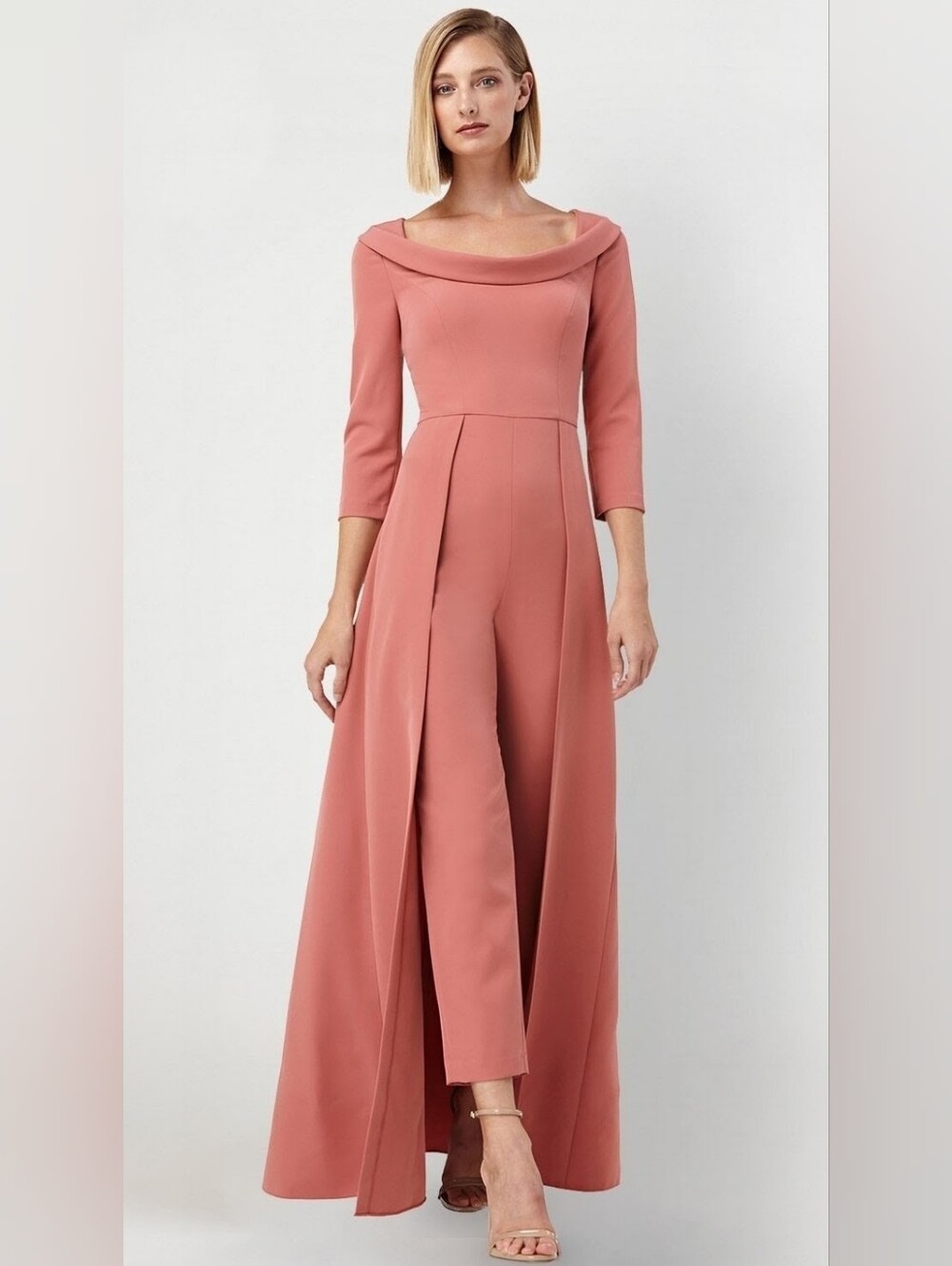 Kay Unger Sienna Coral Pink Walk Through Jumpsuit Draped Neckline Size 16